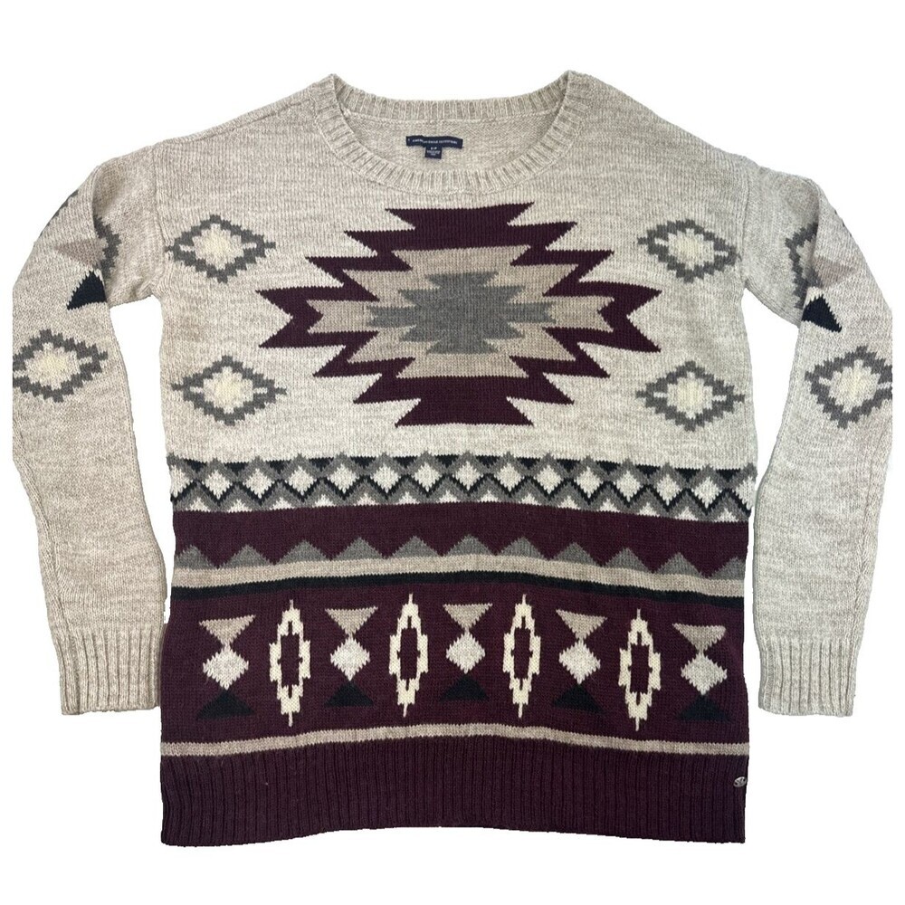 American Eagle Wool Blend Sweater Pullover Tan Burgundy Aztec Round Womens Small